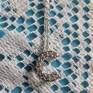 Crescent CZ Initial C Pendant Necklace in Silver